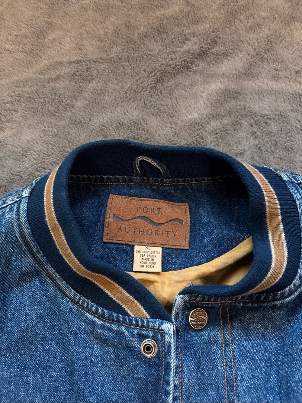 Port Authority Blue Denim Bomber Jacket with Tan Sleeves - Picture 2 of 2